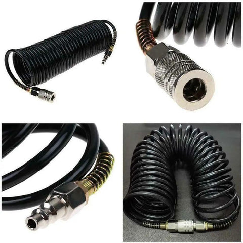 25 Foot Air Compressor Hose With Bend Restrictor And One Quarter Quick Coupler Coiled Flexible Hose With Solid Copper Connectors For Easy Secure Connections And Tangle Free Use In Your Home Garage Or Shop, shown in various views including connectors and coiled design.