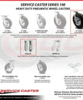 Service Caster Series 100 12 inch heavy duty pneumatic casters set features black rubber tires for trailers and workbenches, handling 450 lbs.