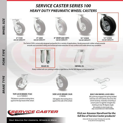 Service Caster Series 100 12 inch heavy duty pneumatic casters set features black rubber tires for trailers and workbenches, handling 450 lbs.