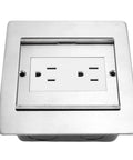 Flush Mounted Recessed Floor Outlet With Dual AC Outlets And Smooth Slide Cover Water Resistant Hidden Power Strip For Kitchens And Offices featuring brushed steel finish.