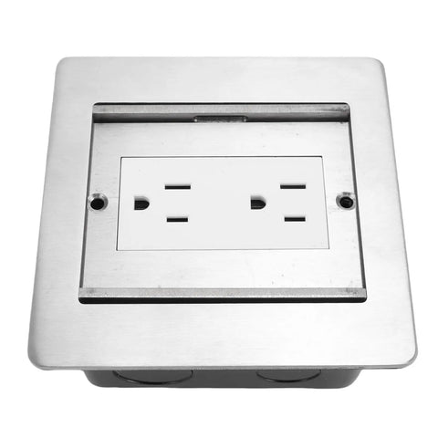 Flush Mounted Recessed Floor Outlet With Dual AC Outlets And Smooth Slide Cover Water Resistant Hidden Power Strip For Kitchens And Offices featuring brushed steel finish.