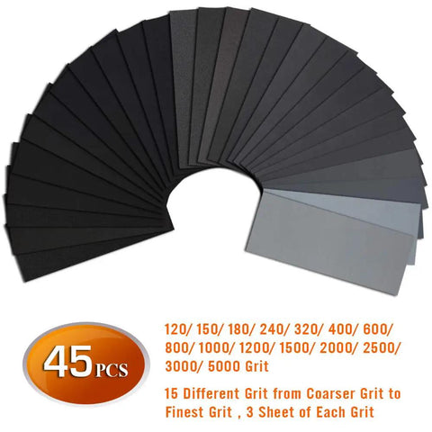 45 Piece Wet And Dry Sandpaper Set Workhorse Grit Range 120 To 5000, 9 By 3.6 Inch Sheets, arranged in a fan shape