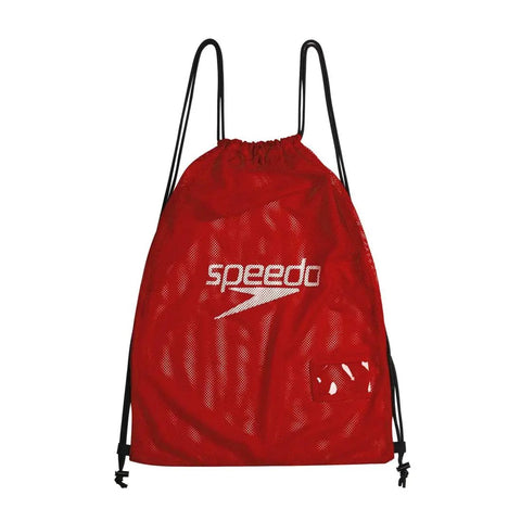 Red mesh drawstring bag for pool and beach with durable design and comfy straps. Quick drainage and ventilation, 68 x 49 cm.