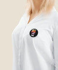 Woman wearing dope tinplate button pins with plastic backs for clothing and bags small round badges for personalized expression