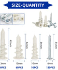 Product image showing 260 Pcs Self Drilling Drywall Anchors Set with nylon plastic wall anchors and screws in three sizes.