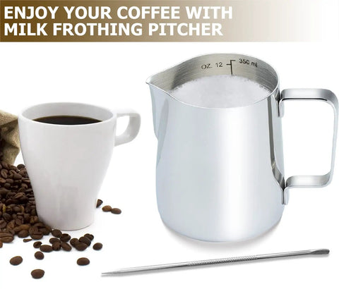 Stainless Steel Milk Frothing Pitcher 12 Oz For Espresso Machines, Perfect For Cappuccino And Latte Art, with coffee cup, pen