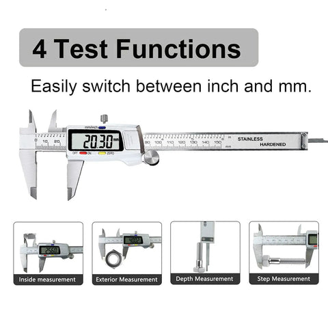Six Inch Digital Caliper Stainless Steel Measuring Tool With Large LCD Screen showcasing four test functions for accurate measurements.