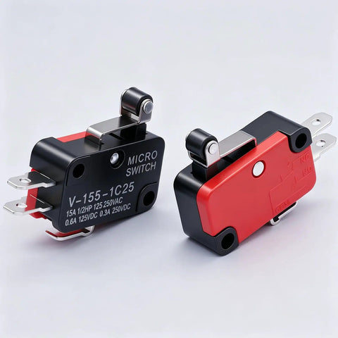 6 Pack Micro Limit Switches With Short Hinge Roller Lever Arm, SPDT 1NO 1NC, Push Button Actuator, For Arduino Projects, Model V-155-1C25, 4 X 2.3 X 1.1 Cm, DC 0.6A125V And 0.3A250V, Red Black Silver