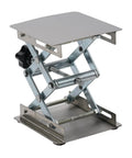 Premium Stainless Steel Manual Router Lift Table Featuring 100mm Vertical Travel And Slick Fine Tuning Controls For Boss Level Woodworking Accuracy and Rock Solid Platform Stability with a scissor crank design.