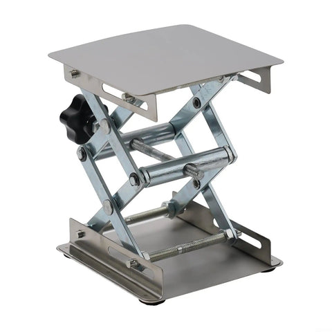 Premium Stainless Steel Manual Router Lift Table Featuring 100mm Vertical Travel And Slick Fine Tuning Controls For Boss Level Woodworking Accuracy and Rock Solid Platform Stability with a scissor crank design.