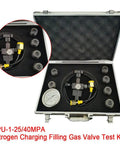 Nitrogen Charging And Pressure Test Kit For Hydraulic Accumulators in case, includes hoses, valves, and gauge, 25 to 40 MPa.
