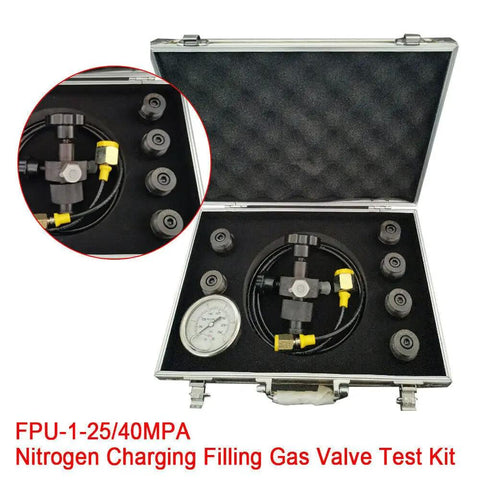 Nitrogen Charging And Pressure Test Kit For Hydraulic Accumulators in case, includes hoses, valves, and gauge, 25 to 40 MPa.