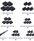 Ultimate USB Port Dust Plug Kit With 30 Silicone Caps for USB Type C, USB A, Micro USB, iPhone 12 13 14 with cleaning brush.