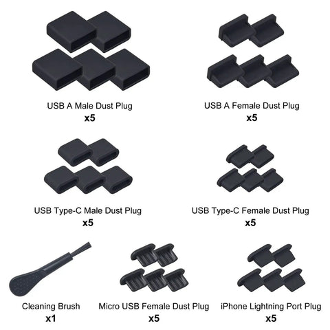 Ultimate USB Port Dust Plug Kit With 30 Silicone Caps for USB Type C, USB A, Micro USB, iPhone 12 13 14 with cleaning brush.
