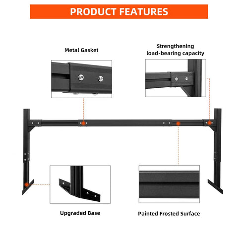 Beefy Aluminum Trailer Roof Ladder Rack Extends From 6 Feet To 8.2 Feet With 800 Lb Capacity, Adjustable Height 21.4 To 33 Inches, Includes Two Straps For Universal Enclosed Or Open Trailers, Heavy Duty Gear For Any Truck Bed, black aluminum rack with metal gasket and base details