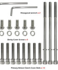 Premium Titanium Alloy Bolt Kit With Durable Primary Gasket And Clutch Primary Cover For Harley Davidson Touring Models including screws and wrenches.