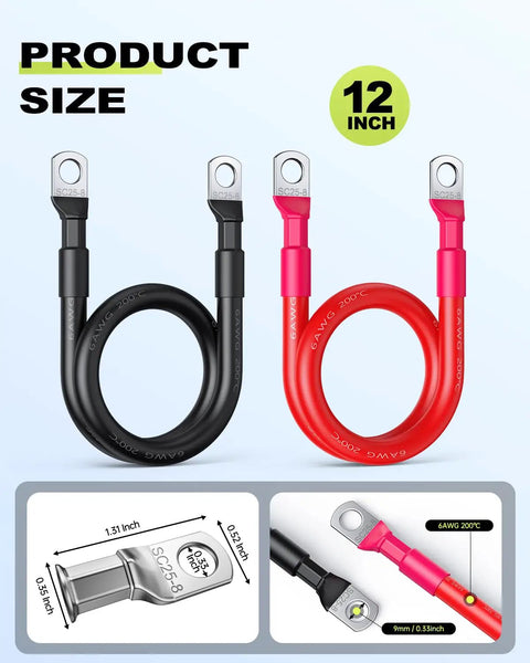 6 AWG Battery Cables With Terminals 12 Inch Silicone Insulated Tinned Copper Power Inverter Cables for Automotive Solar Marine
