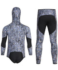 Two-piece 5MM Neoprene Spearfishing Wetsuit with Hood, Camouflage, Silver, XL, rear view showing reinforced knee and elbow pads