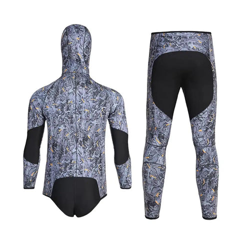 Two-piece 5MM Neoprene Spearfishing Wetsuit with Hood, Camouflage, Silver, XL, rear view showing reinforced knee and elbow pads