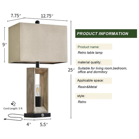 Diagram of 25 Inch Farmhouse Table Lamp With USB C And USB A Ports, Three Way Dimmable Touch Control And Built In Nightlight dimensions.