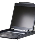 Heavy Hitter 16 Port KVM Switch Featuring Built In 19 Inch LCD Display open view showing keyboard and monitor.