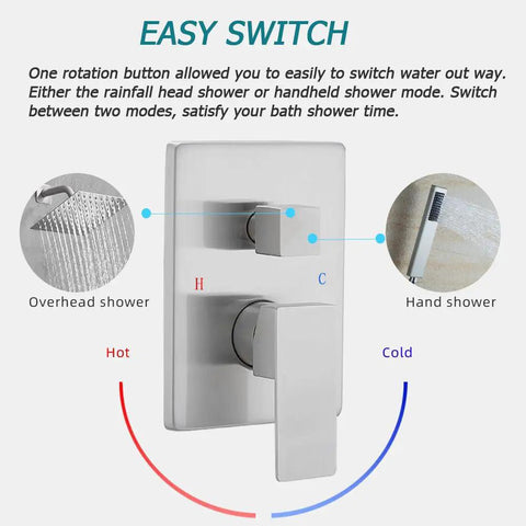 Easy switch mechanism for Shower System Brushed Nickel Rainfall Set For Wall Mounted Installation with hot and cold controls