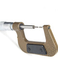 Premium Heavy Duty 0-25mm Small Head Thin Rod Mechanical Outer Diameter Micrometer For Spline Shafts With Dead On 0.01 Precision And Killer Steel Construction close-up showing measuring tip.