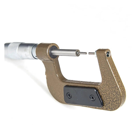 Premium Heavy Duty 0-25mm Small Head Thin Rod Mechanical Outer Diameter Micrometer For Spline Shafts With Dead On 0.01 Precision And Killer Steel Construction close-up showing measuring tip.