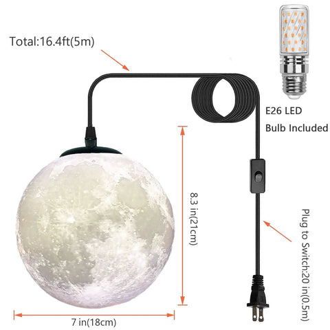 Plug In Moon Lamp Pendant Light With Cord For Kids Room White Sixteen Point Four Foot Hanging Light Cord With Switch Wall Outlet Powered Three Color Options Lit Soft Neutral 3D Painted Moon Night Light Bulb Included