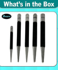 Set Of Five Round Head Center Punches For Metal And Woodworking Top Shelf Hand Tools, includes sizes 1/1 to 9/64.