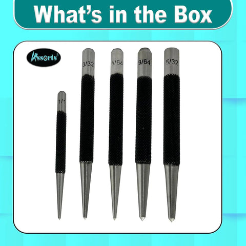 Set Of Five Round Head Center Punches For Metal And Woodworking Top Shelf Hand Tools, includes sizes 1/1 to 9/64.