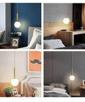 Plug In Globe Pendant Light With Frosted Glass Ball Shade, Easy To Install Ceiling Pendant For Dining Room, Bedroom Or Hallway, 17 Foot Cord, Soft Warm Glow For Cozy, Romantic Ambience And Modern Style shown in various room settings with warm glow.