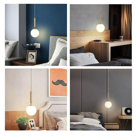 Plug In Globe Pendant Light With Frosted Glass Ball Shade, Easy To Install Ceiling Pendant For Dining Room, Bedroom Or Hallway, 17 Foot Cord, Soft Warm Glow For Cozy, Romantic Ambience And Modern Style shown in various room settings with warm glow.