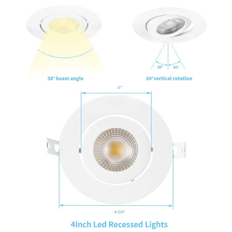 Diagram showing 4 Inch LED Recessed Lights Ultra Thin Adjustable Eyeball Gimbal with 38° beam angle and 30° rotation.