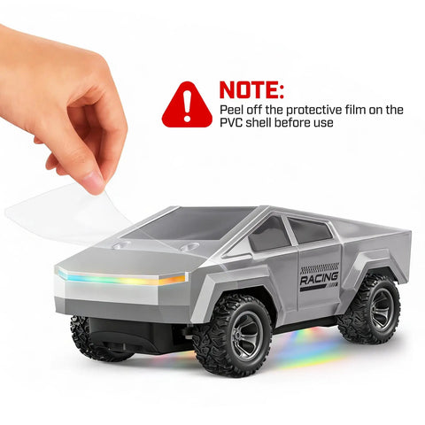 Hand peeling protective film on silver All Terrain 1/24 Scale Remote Control Pickup RC Truck with PVC body for Boys and Girls