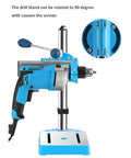 Heavy Duty Drill Press Machine With Rotary Tool, Adjustable Height, 90 Degree Rotating Fixed Frame, Depth Scale, And 38-50mm Clamping Range For Drilling Wood And Plastic Boards Perfect For Workshop Projects with a blue drill and adjustable stand.