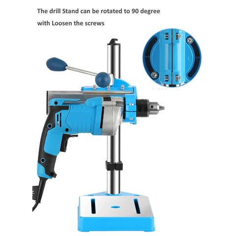Heavy Duty Drill Press Machine With Rotary Tool, Adjustable Height, 90 Degree Rotating Fixed Frame, Depth Scale, And 38-50mm Clamping Range For Drilling Wood And Plastic Boards Perfect For Workshop Projects with a blue drill and adjustable stand.