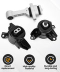Beefed-Up Engine And Transmission Mount Kit For Hyundai Elantra 1.8L 2011-2016, Accent 1.6L 2012-2014, Veloster 1.6L 2012-2017, Rio 2012-2017, Forte 1.6L 2014-2016 Black Aluminum Iron Rubber Mounts For Smoother Powertrain And Quieter Ride, showing three-piece durable mounts with direct replacement text