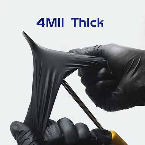 Black Nitrile Gloves 4 Mil Disposable 100 Pack Large Size Powder Free Latex Free Durable Exam Gloves stretched showing thickness