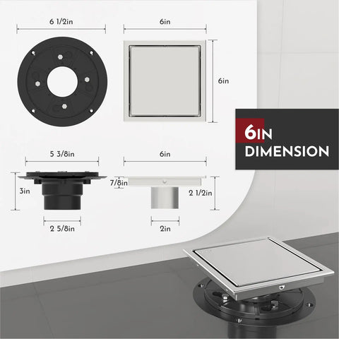Dimensions of 6 Inch Square Shower Drain With Brushed Finish, Reversible 2-In-1 Tile Insert Grate and SUS304 Cover