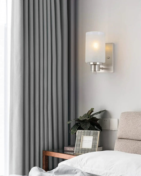 Bedroom with 2 Pack Dope Modern Vanity Light Fixtures Wall Sconces With White Linen Frosted Glass Shades And Brushed Nickel Finish