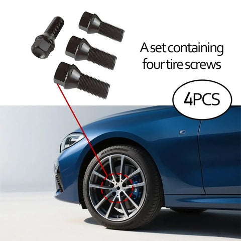 4 Piece M14 X 1.25 Wheel Lug Bolt Stud Kit, 48mm Overall Length, with blue BMW car wheel, Conical Seat, OEM 36136781151
