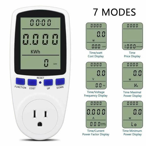 Plug In Watt Meter Power Monitor with Backlit Display showing 7 modes for real-time tracking of power, voltage, amps, frequency