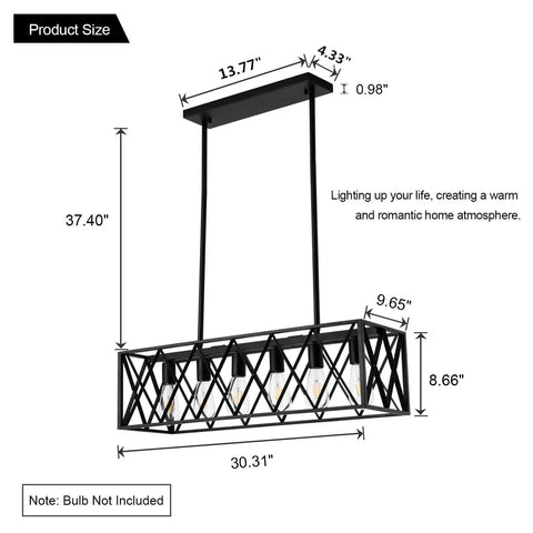 Farmhouse Style 6 Light Black Metal Industrial Pendant Lighting For Dining Room And Kitchen Island Vintage Rectangular Linear Chandelier