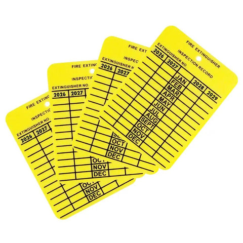 Hella Rock Solid Fire Extinguisher Inspection Tags Monthly Tracking Durable Plastic Weatherproof Compliance Labels 300 Pack on yellow cards.