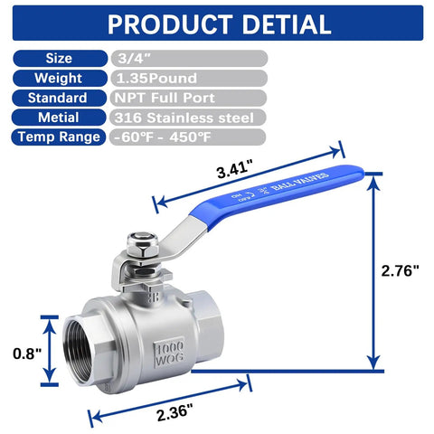 Three Quarter Inch Full Port Ball Valve NPT Female 316 Stainless Steel Built Tough Heavy Duty Valve For Water Oil And Gas With Handle WOG 1000 Rating 4 Pack Corrosion Resistant Industrial Plumbing Grade with product dimensions and details.