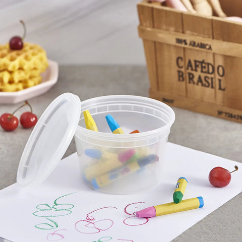 16-Ounce To-Go Food Storage Containers With Lids, BPA Free, Leakproof Microwave Safe, stackable, with crayons inside.