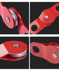 10 Ton Heavy Duty Offroad Snatch Block For Winches, 22,000 Lbs Capacity, Towing Pulley Block, Recovery Accessory For Trucks And Trailers, Compatible With Synthetic Rope Or Steel Cable Up To Two Fifths Inch Diameter. Red steel snatch block with pulley.