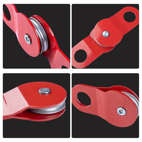 10 Ton Heavy Duty Offroad Snatch Block For Winches, 22,000 Lbs Capacity, Towing Pulley Block, Recovery Accessory For Trucks And Trailers, Compatible With Synthetic Rope Or Steel Cable Up To Two Fifths Inch Diameter. Red steel snatch block with pulley.