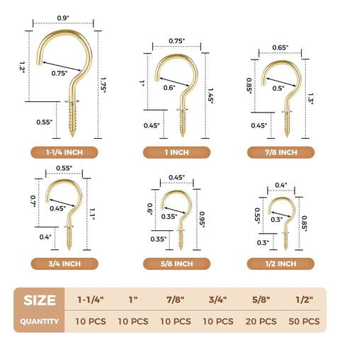 Gold Cup Hooks Set With 110 Pieces In Six Sizes One Half Inch Five Eighth Inch Three Quarter Inch Seven Eighth Inch One Inch And One And A Quarter Inch Solid Steel Screw In Hooks Rust Resistant Burr Free For Kitchen Garage And Home Organization
